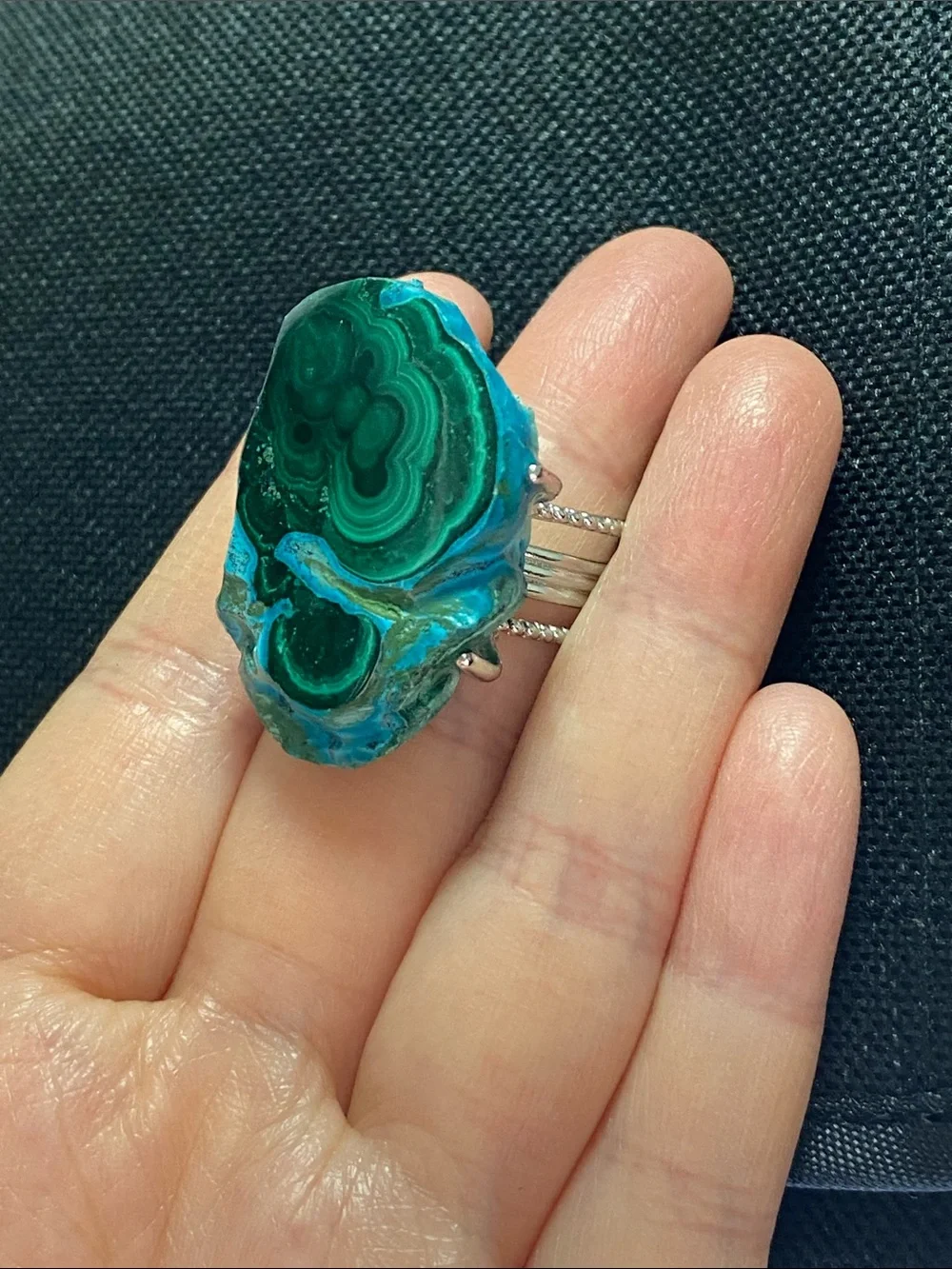 Natural Chrysocolla Malachite Raw Crystal Cluster Statement Ring - Picture 8 of 10
